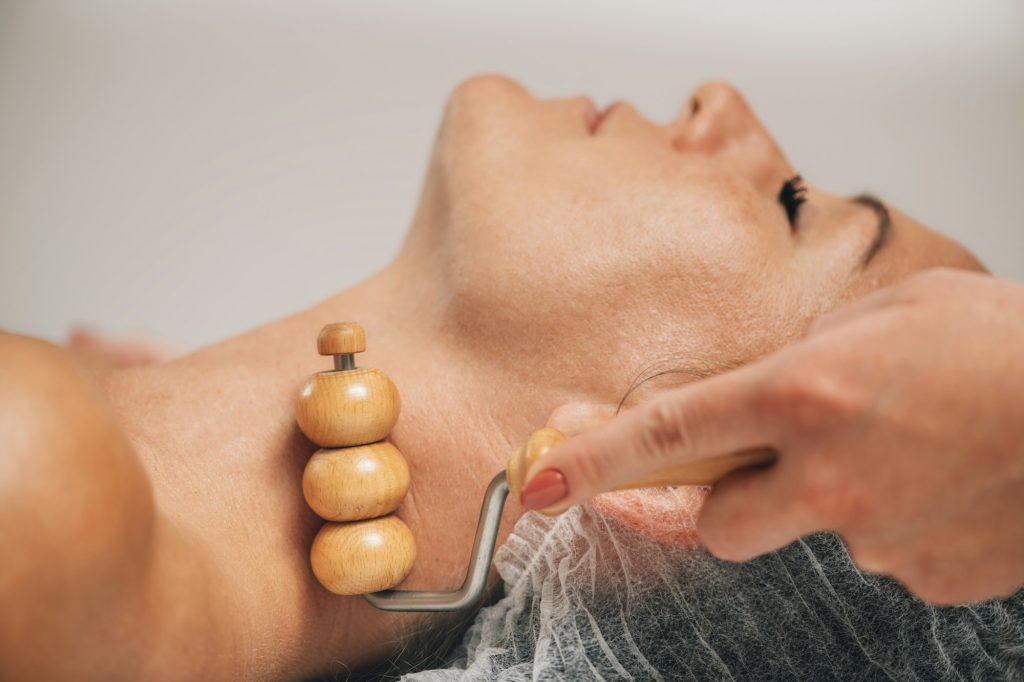 Anti-aging Maderotherapy Neck and Chest Massage with Wooden Roller Massager